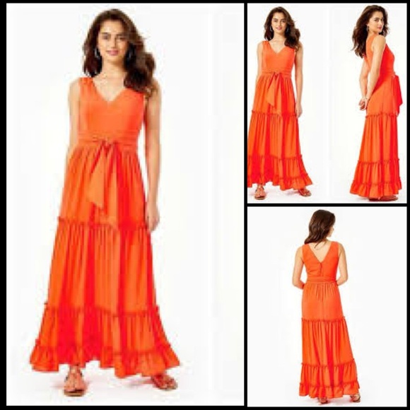 Lilly Pulitzer Violetta Fit & Flare Tiered Maxi Sash Dress in Picante Coral Sz 2 - Picture 1 of 16